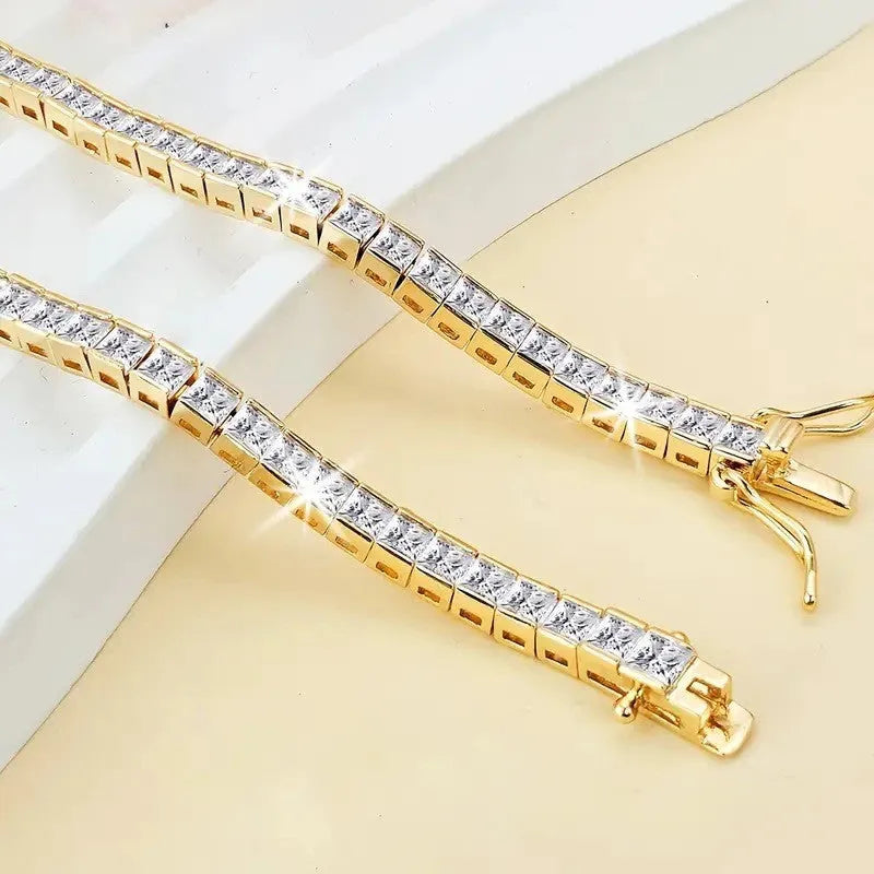 Square zircon tennis bracelet, 4mm wide copper bracelet in silver or gold, unisex hip hop geometric design