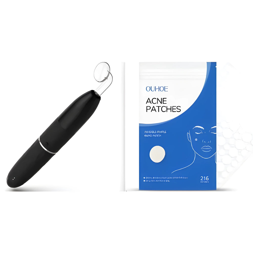Acne patches set with 216 pieces showing spot treatment patches and electric therapy device