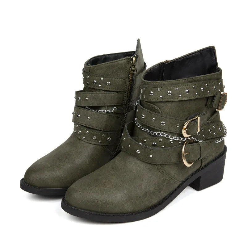 Women's Dr Martens-style punk rivet boots with metal elements, short stout heel, solid colour artificial PU upper, black blue dark brown green