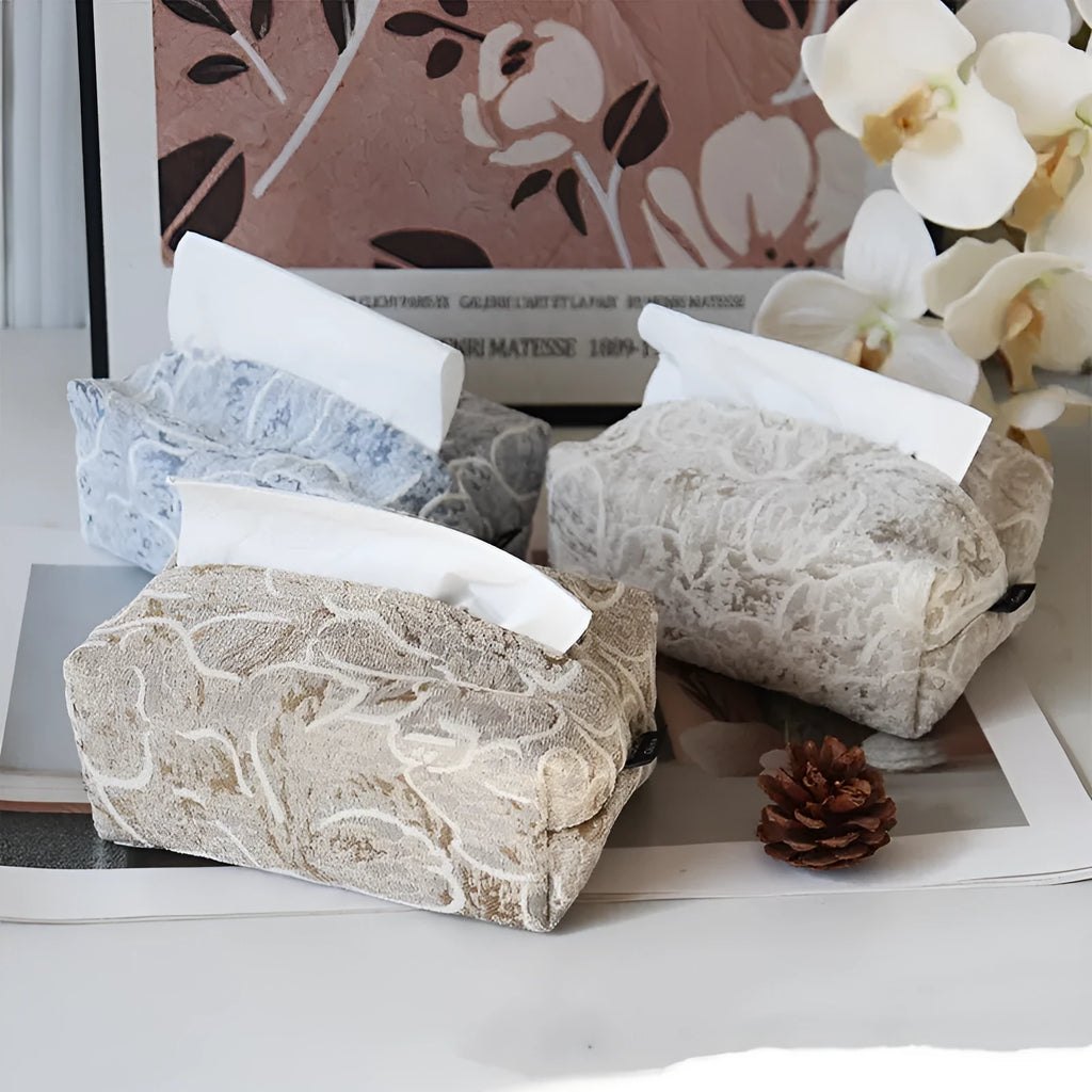 Pastoral style cotton fabric tissue box in beige, blue, or brown for living room.