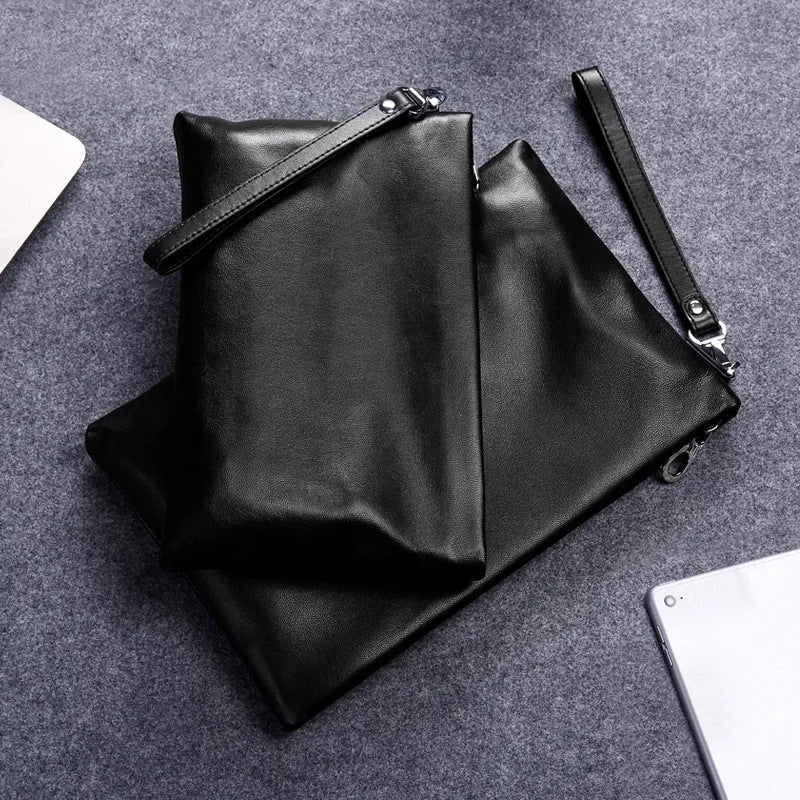 Men's genuine leather casual clutch bag in solid colour, multiple size options for business commute
