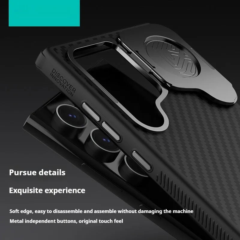 Kevlar magnetic phone bracket case for Samsung S24 Ultra in black with invisible stand