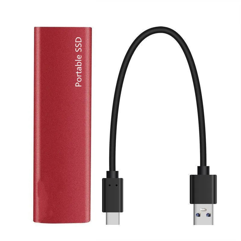 Ultra-thin external mobile solid-state drive with a metal shell, showing red interface connector.