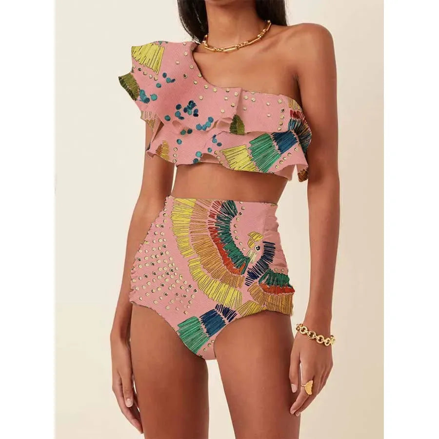 Women's printed oblique shoulder ruffle bikini suit in polyester with high-waisted briefs