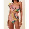 Women's printed oblique shoulder ruffle bikini suit in polyester with high-waisted briefs