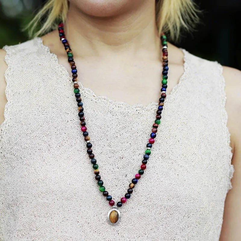 Handmade colour tiger eye natural stone necklace bracelet with zodiac crown wing heart pendants