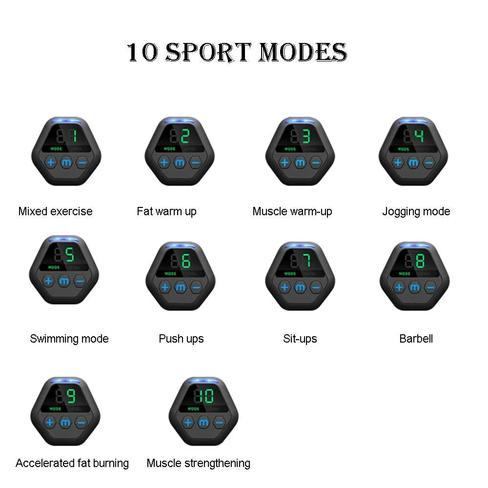 EMS abdominal muscle patch with digital display, 25cm x 19cm x 3.5cm, red black and blue, USB powered
