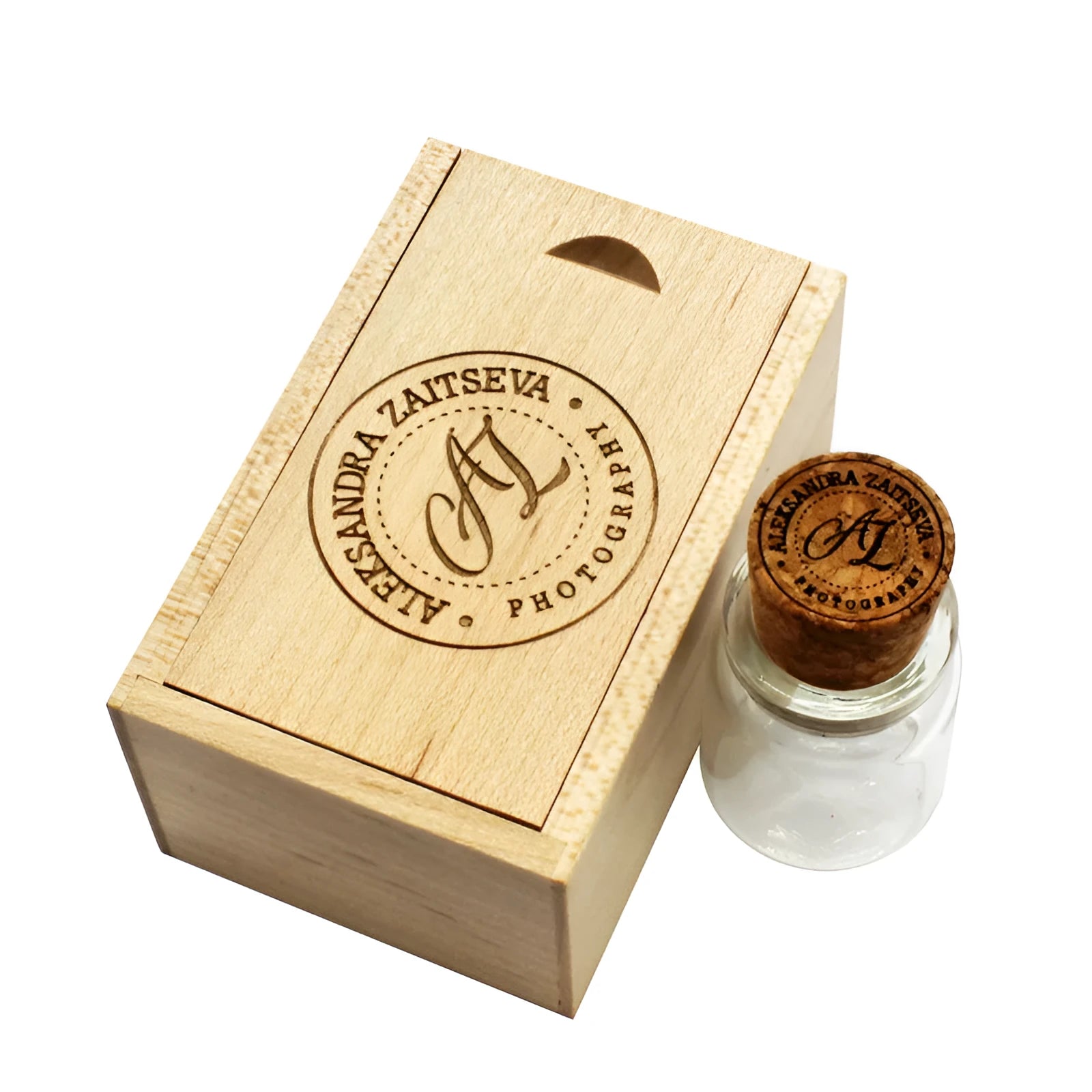 Chocolate brown wooden USB drive with custom lettering engraving in drift bottle storage disk design