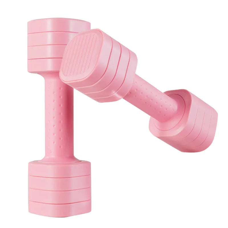 Detachable pink and blue 5lb ABS plastic dumbbells for women's fitness.