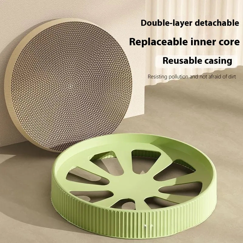 Round green cat scratching board with corrugated cardboard centre and two white replacement refills