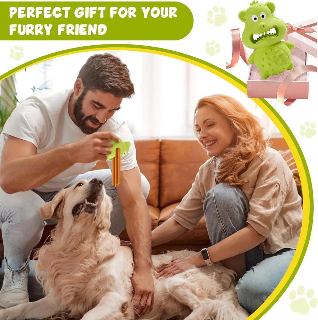 Green or yellow thick natural rubber squeaky dog toy for large breed aggressive chewers.