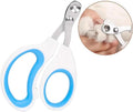 Blue handled pet nail clippers showing circular cut hole with 2mm fixed aperture and stainless steel blade.