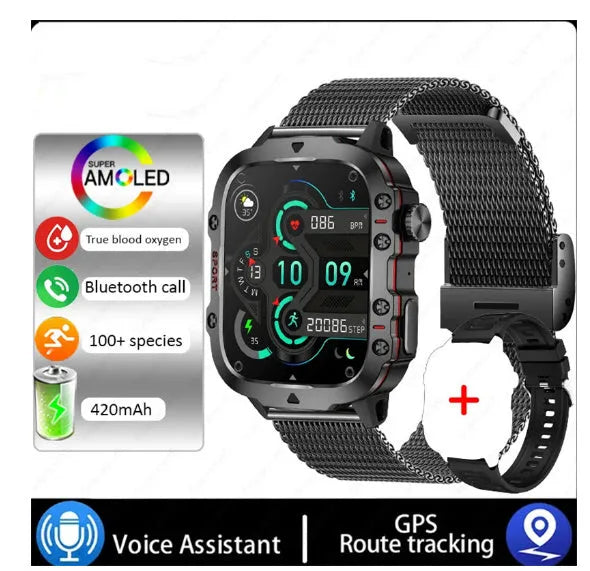 QX11 smart watch with black zinc alloy case and TFT touch screen displaying heart rate data