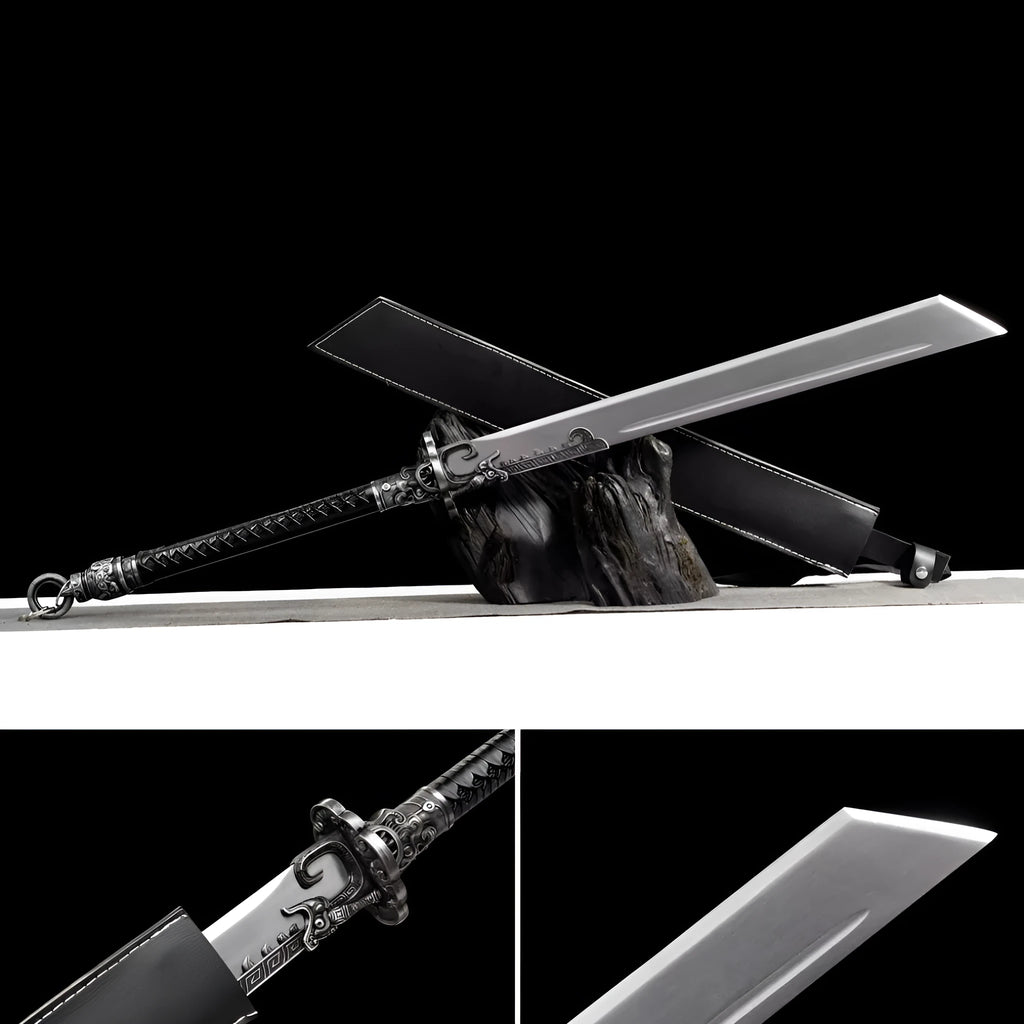 Tang-style high manganese steel two-handed saber with rope-wrapped handle and embroidered spring detail