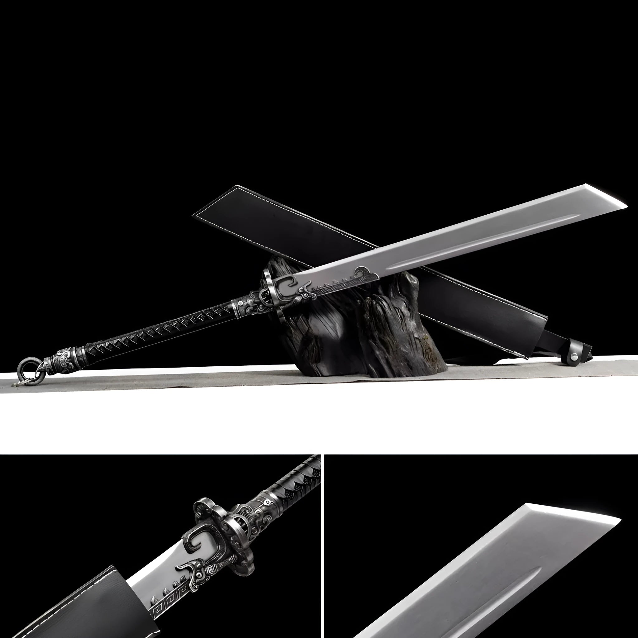 Tang-style high manganese steel two-handed saber with rope-wrapped handle and embroidered spring detail
