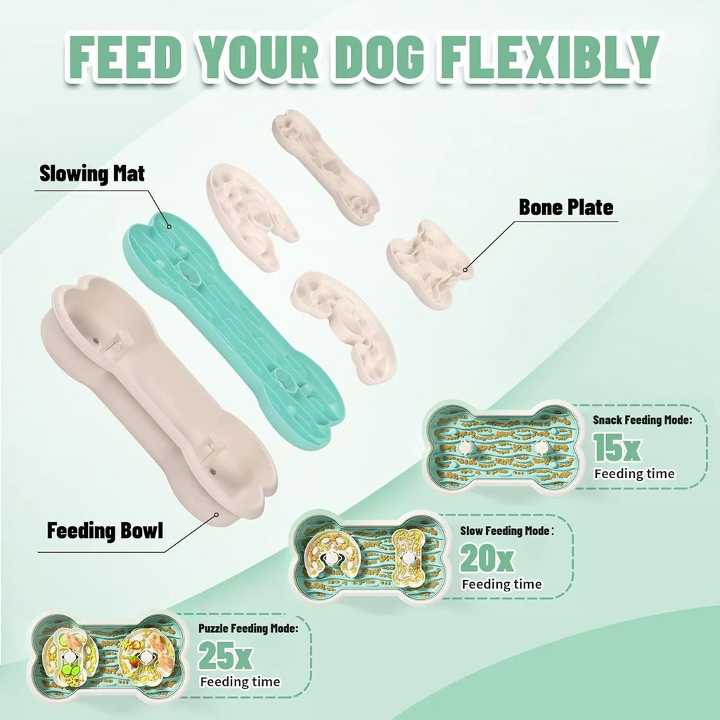 Large green slow feeder dog bowl with three-tiered puzzle trays and anti-slip suction cups on the base.