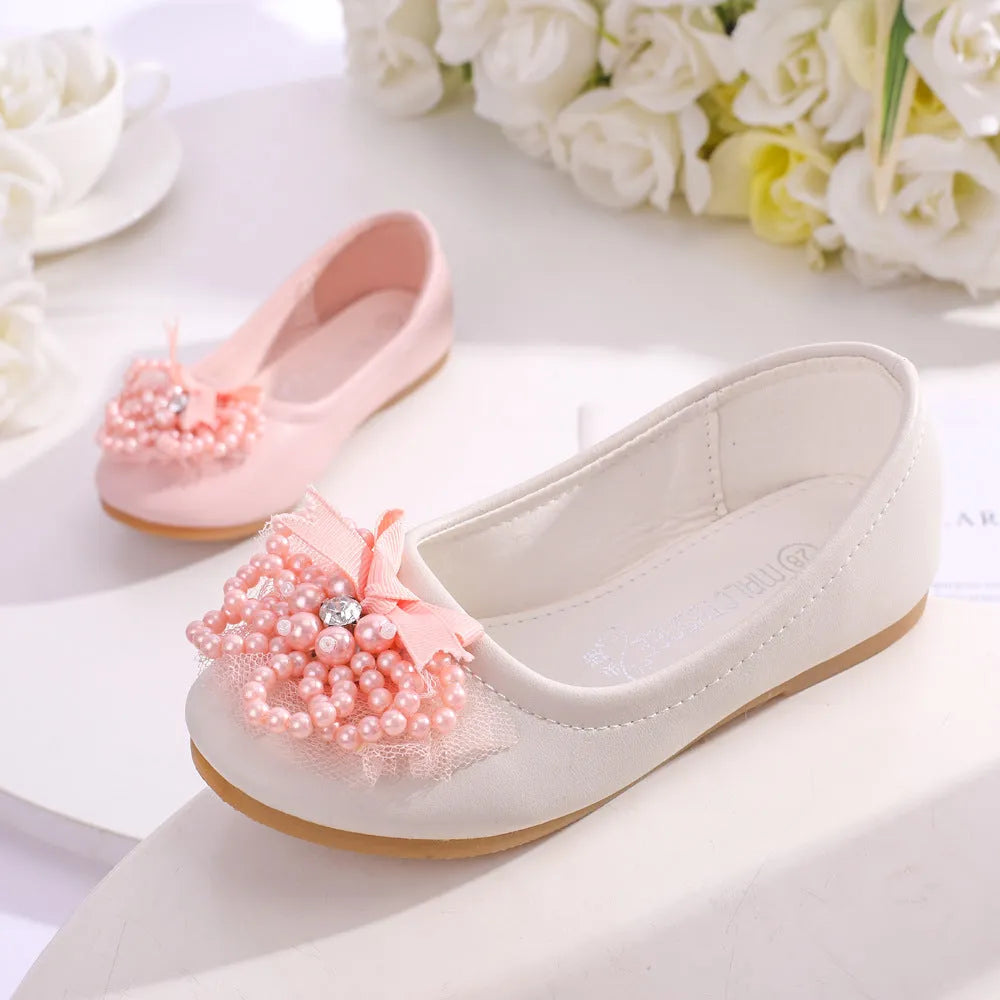 Korean rhinestone princess square mouth shoes for children, PU leather upper, flat heel, beige and pink