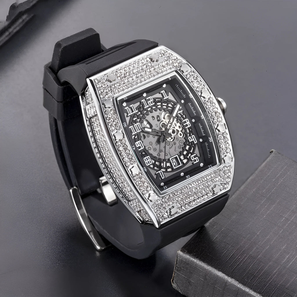 Full diamond tonneau silicone band quartz men's watch with 50mm dial, black colour option, and pin buckle
