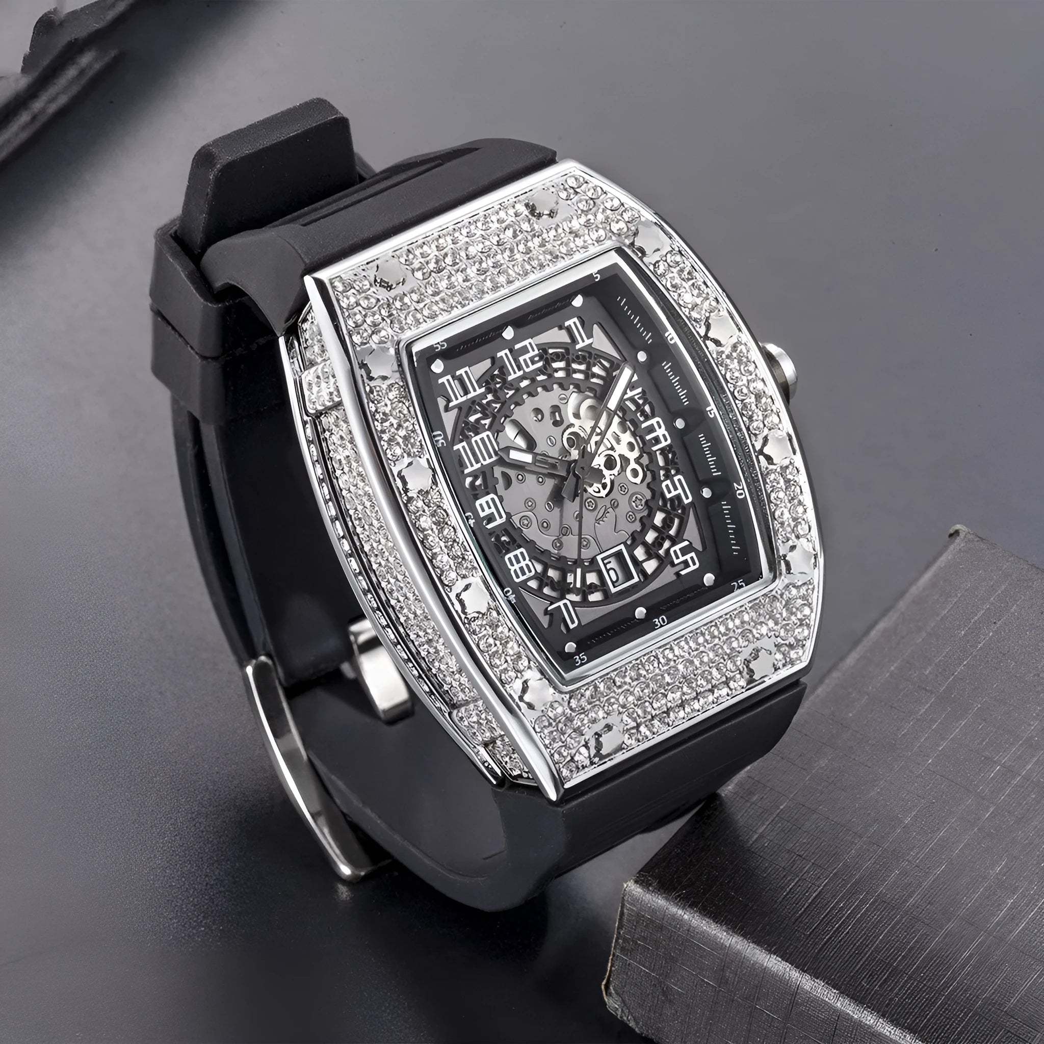 Full diamond tonneau silicone band quartz men's watch with 50mm dial, black colour option, and pin buckle