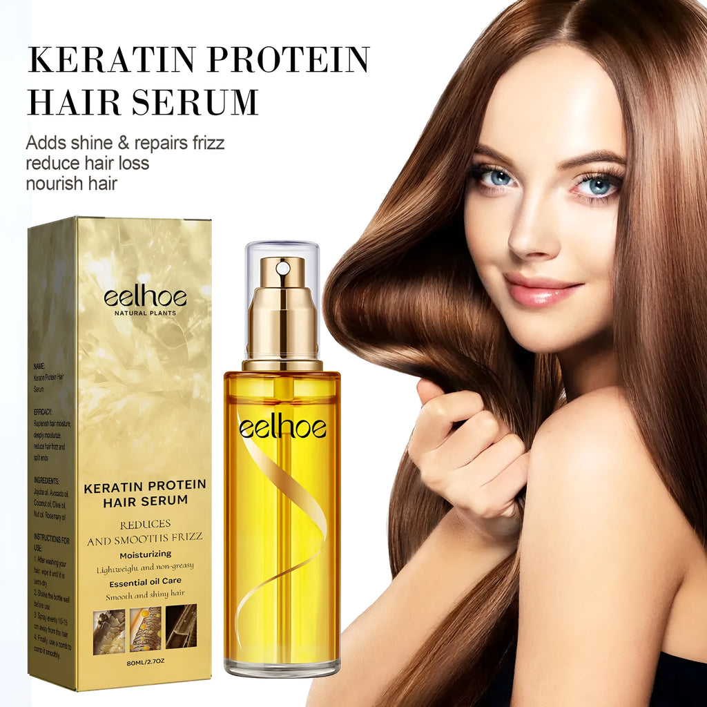 Keratin hair care spray 80ml bottle with jojoba, avocado, coconut, olive, nuts and rosemary oils, 14.3cm x 3.5cm