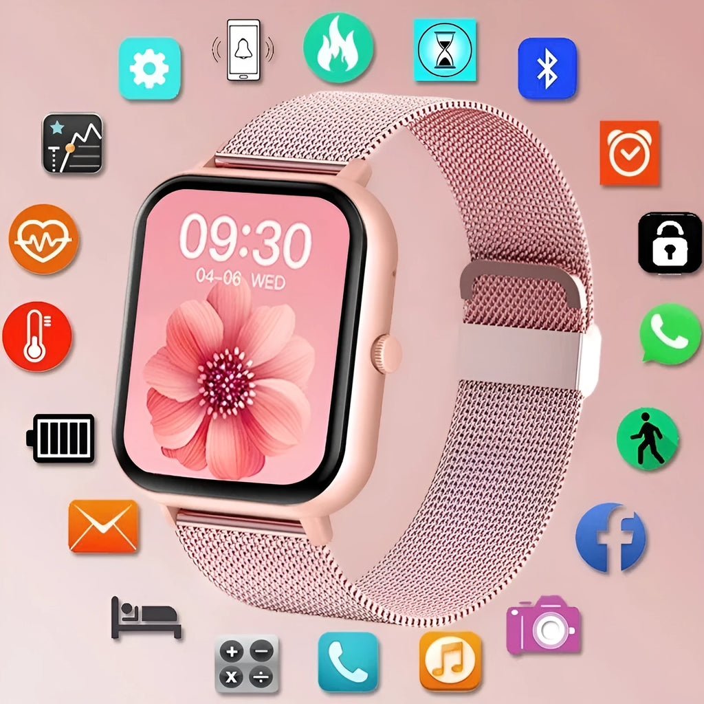 Smart watch with AMOLED screen, AI voice assistant, Bluetooth calling, heart rate and blood oxygen monitoring, available in pink, silver and black.