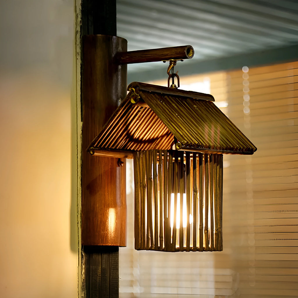 Chinese antique bamboo wall lamp with iron construction, four LED options, for corridor or tea house use