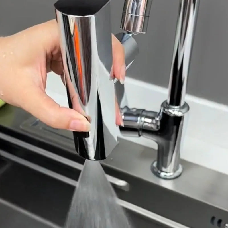 Kitchen faucet nozzle extension with rotating waterfall outlet in black or silver finish