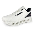 Breathable mesh men's casual sports shoes in black with white laces and a low-top EVA sole design.