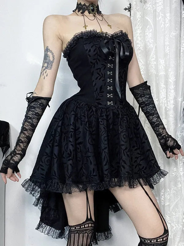 Black gothic flocking bra trailing dress with bow detail sleeveless nylon