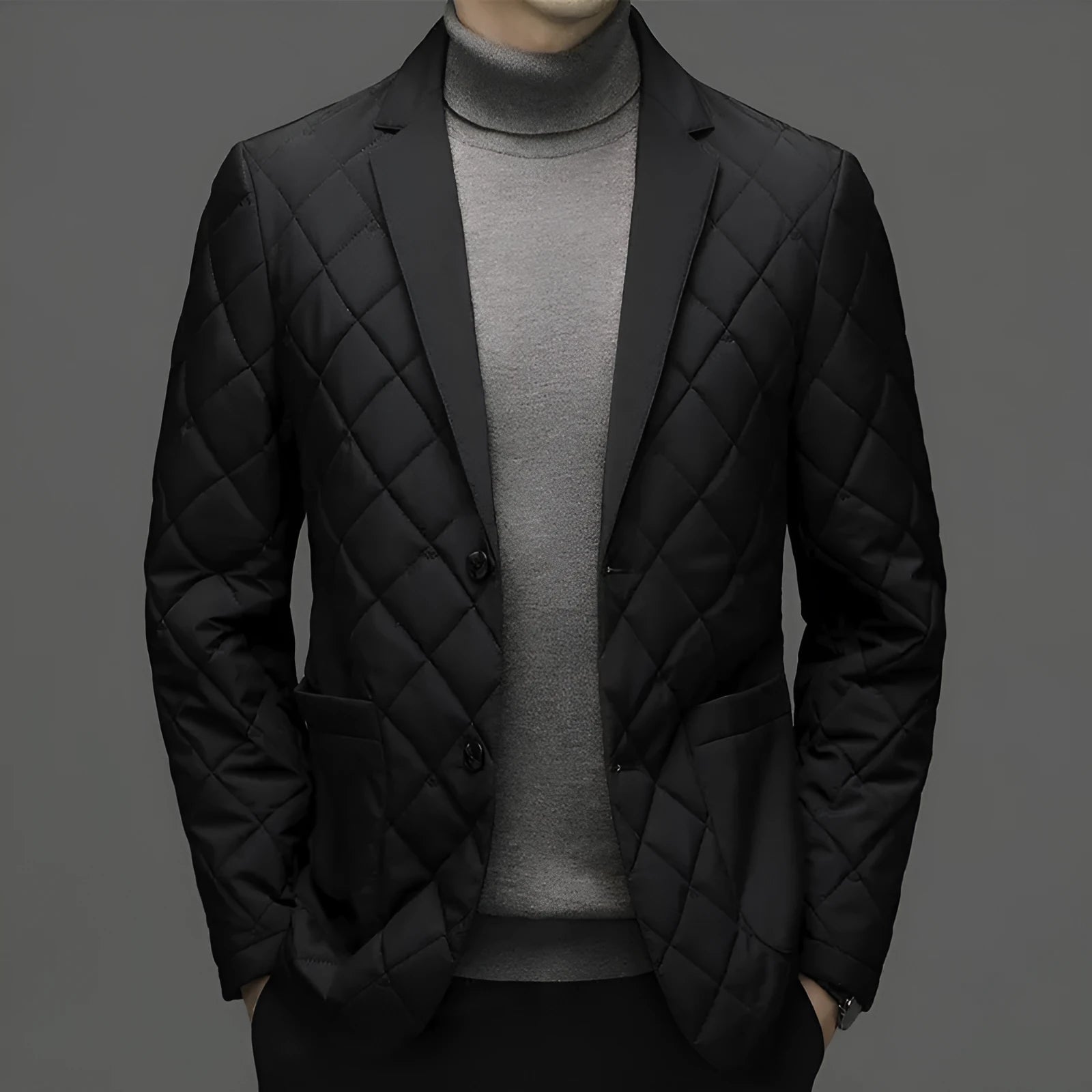 Men's solid colour thick down jacket with lapel collar and side seam pockets.