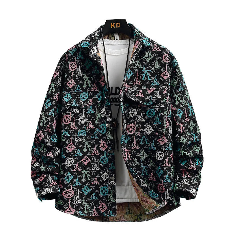 Casual lapel shirt coat in polyester fibre, shown in a colour option like blue or black, with long sleeves and a straight hem.
