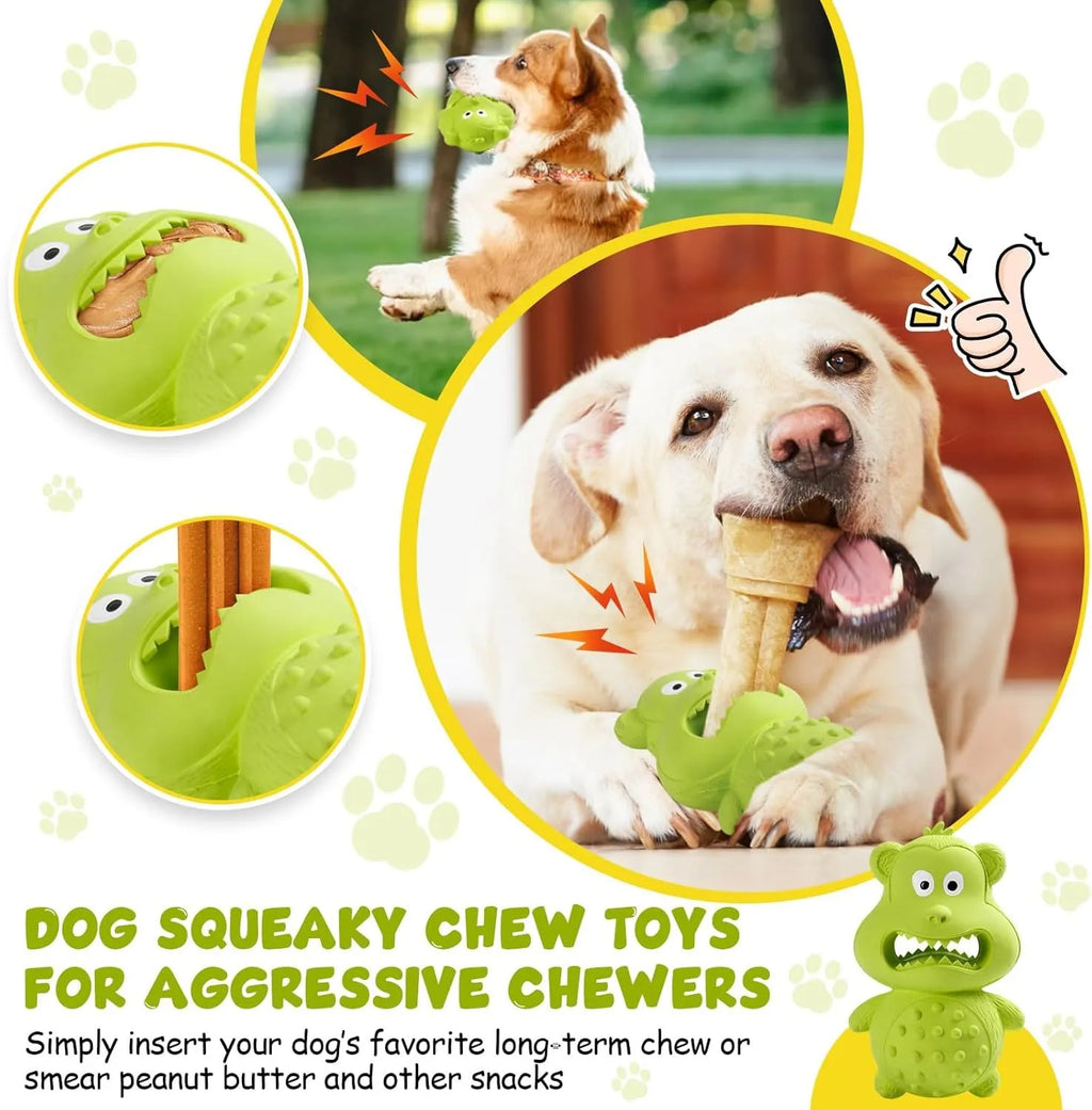Green or yellow thick natural rubber squeaky dog toy for large breed aggressive chewers.