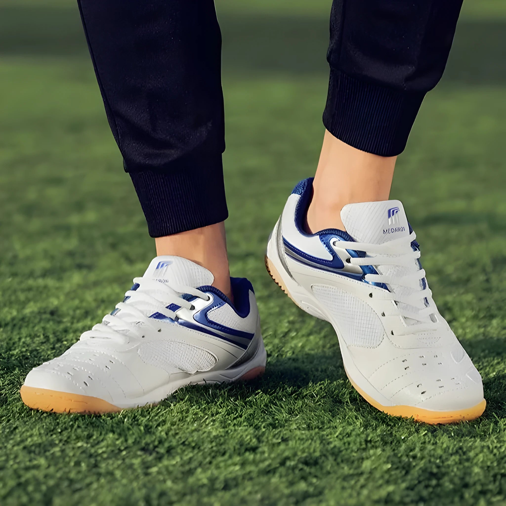 White and red table tennis sneakers with lace-up front and rubber sole.