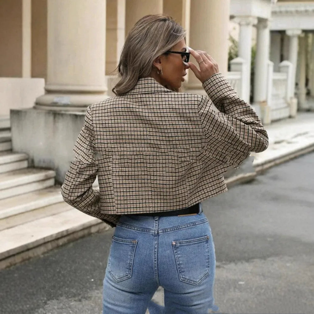 Women's fashion short coat plaid flocking cardigan with buttons, short 40cm length, polyester fabric