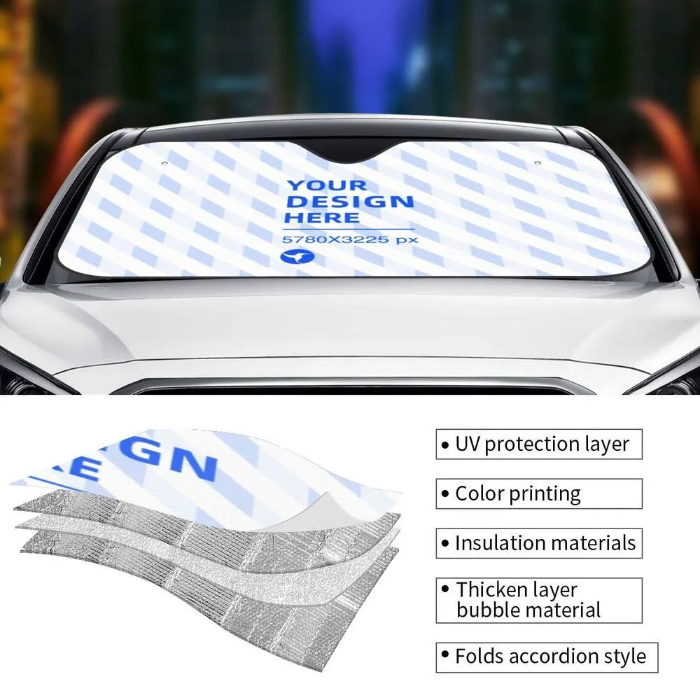 Black stiff heat insulation car windshield sunshade with polyester and bubble aluminium film showing single-sided eagle print