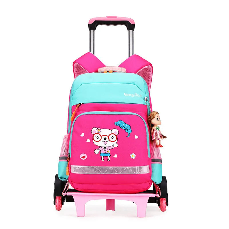 Korean detachable trolley school bag in Oxford cloth, shown in black and rose red colours.
