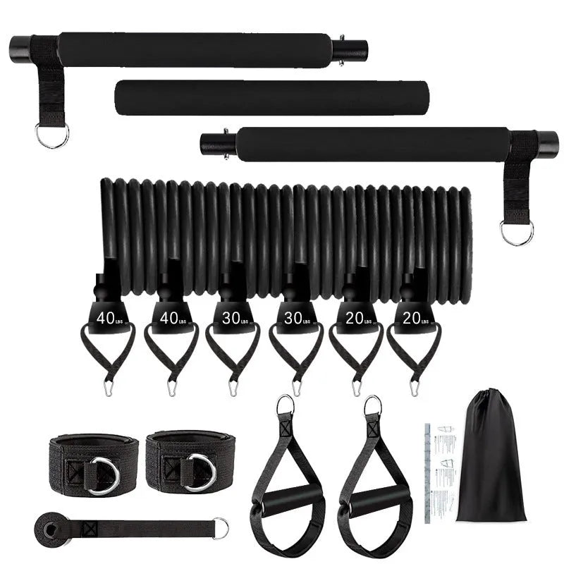 Women's TPE fitness stick 11-piece set showing pink, purple, and black resistance sticks from 60lb to 180lb
