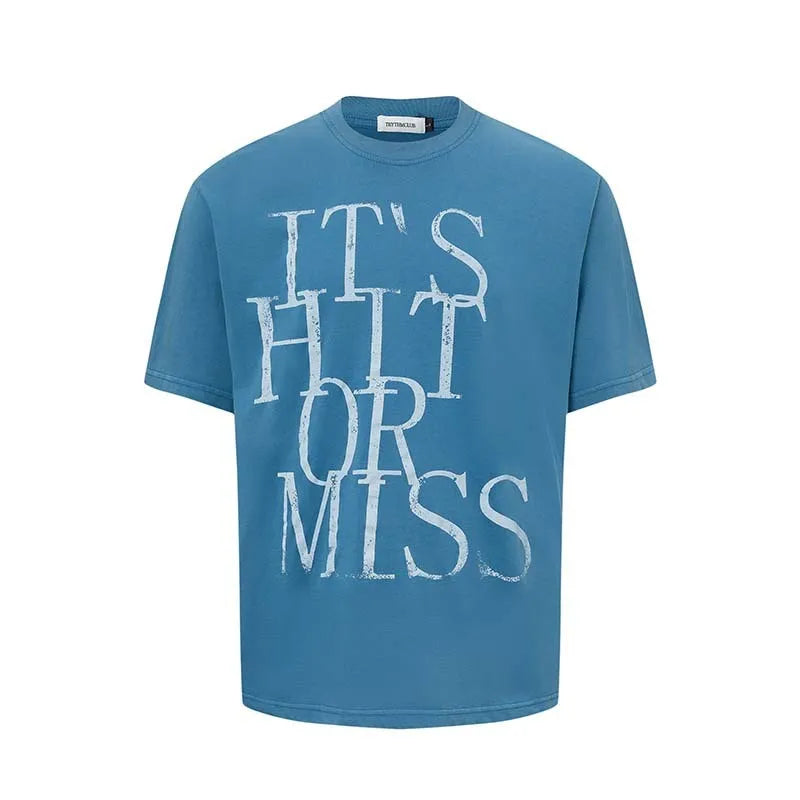Men's blue American-style t-shirt with white letter print across chest