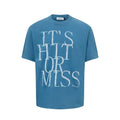 Men's blue American-style t-shirt with white letter print across chest