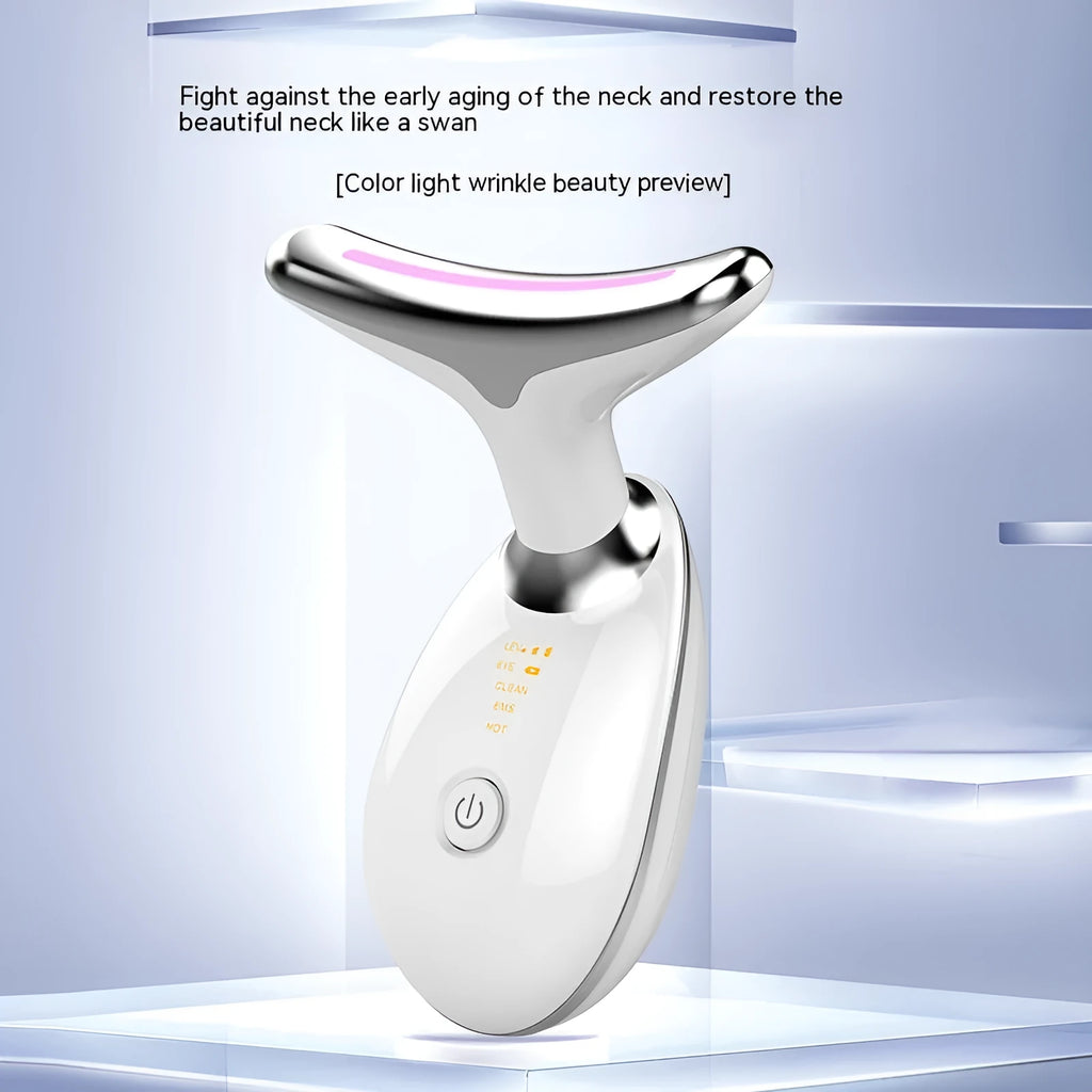 White and black neck fade care massage instrument, 89 x 47 x 120mm, USB rechargeable with EMS and 5 colour light