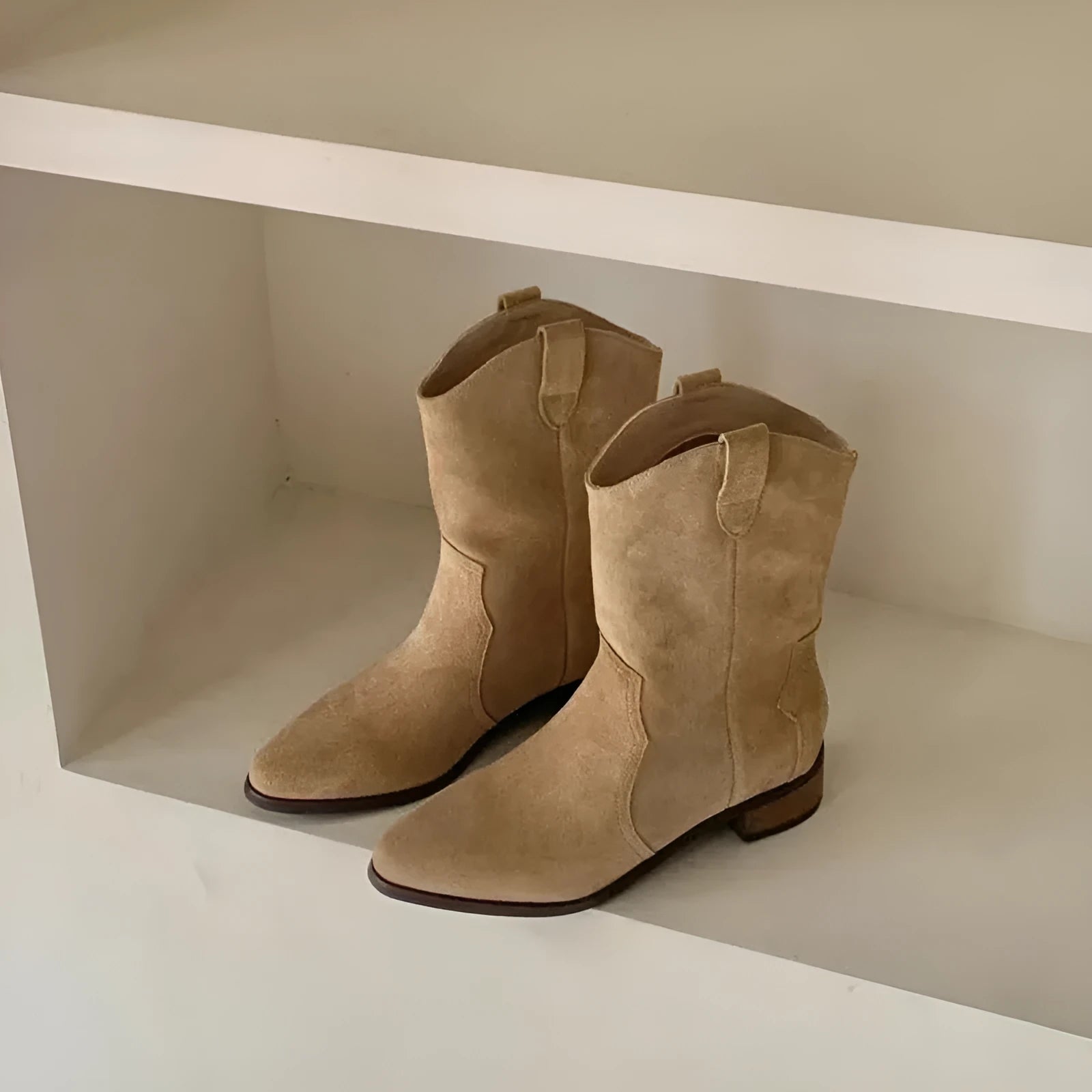 Khaki women's pointed toe chunky heel western cowboy boots with cowhide upper and stitching details