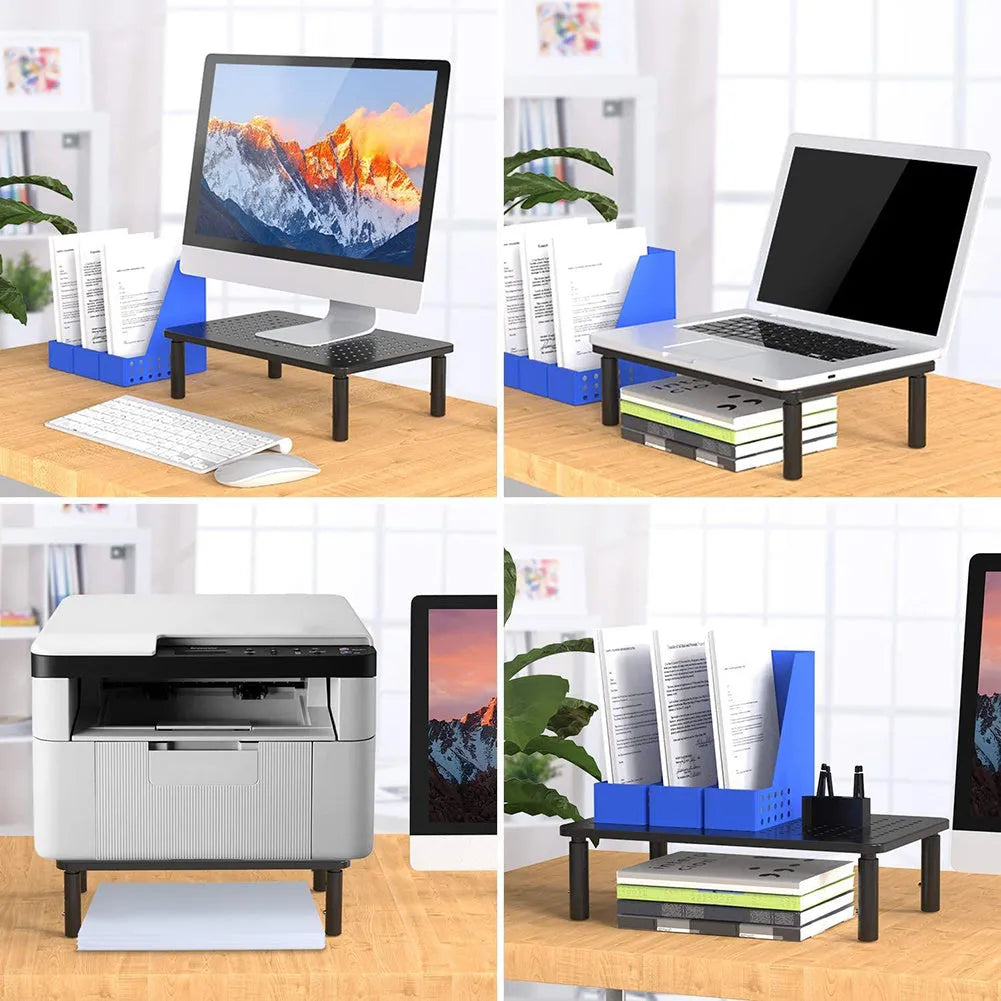 Black mesh iron display stand with three adjustable height settings for monitors and laptop cooling