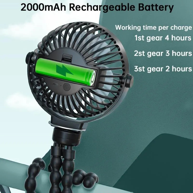 Black flexible tripod octopus fan with adjustable legs and 2000mAh battery