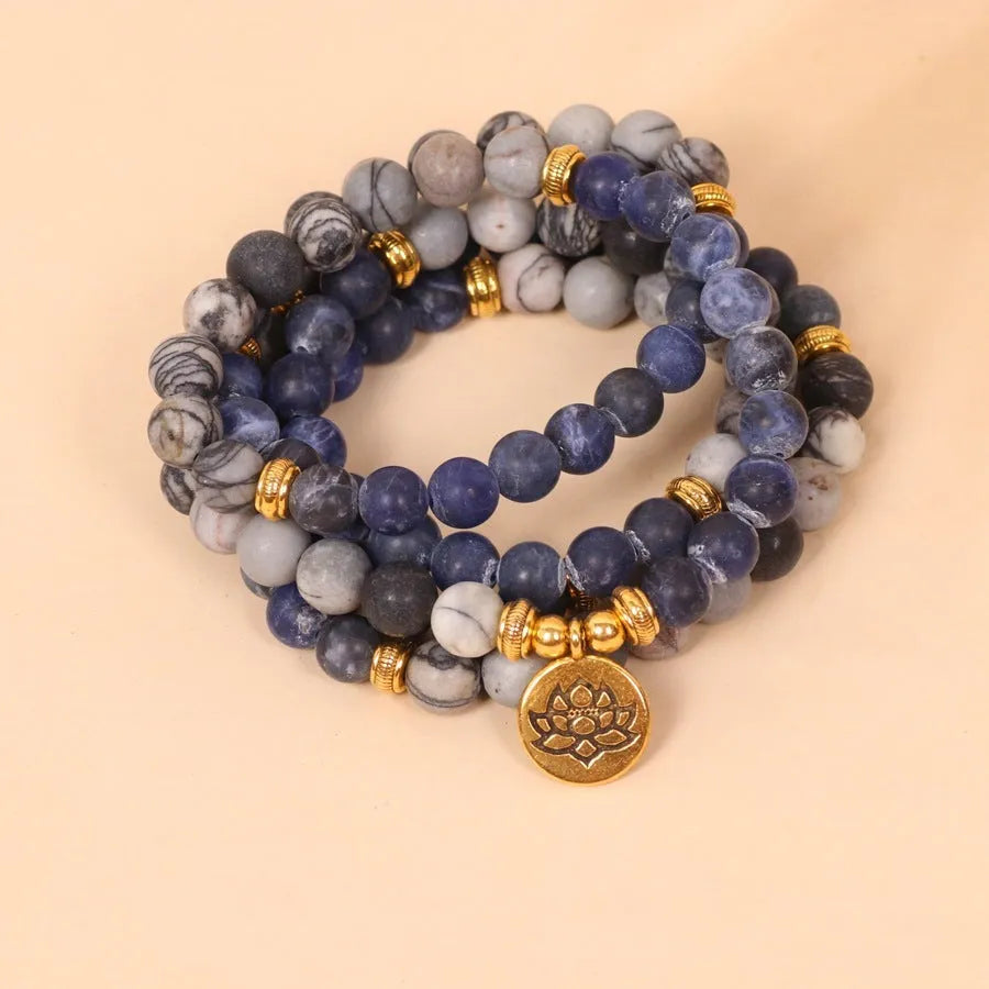 Blue patterned network stone bead multi layer bracelet with alloy construction