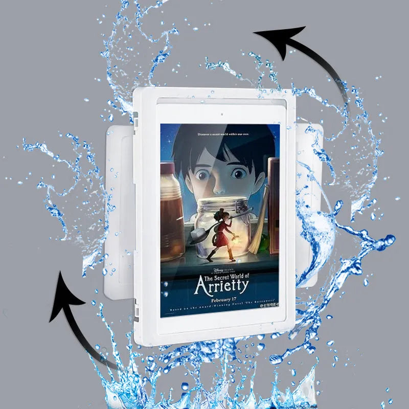 Waterproof phone holder with anti-fog window mounted on bathroom tile with mobile phone inside
