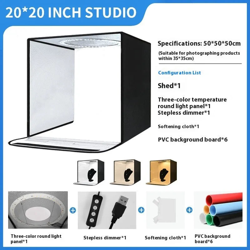 50cm foldable studio light box with LED lights and reflective interior for product photography.