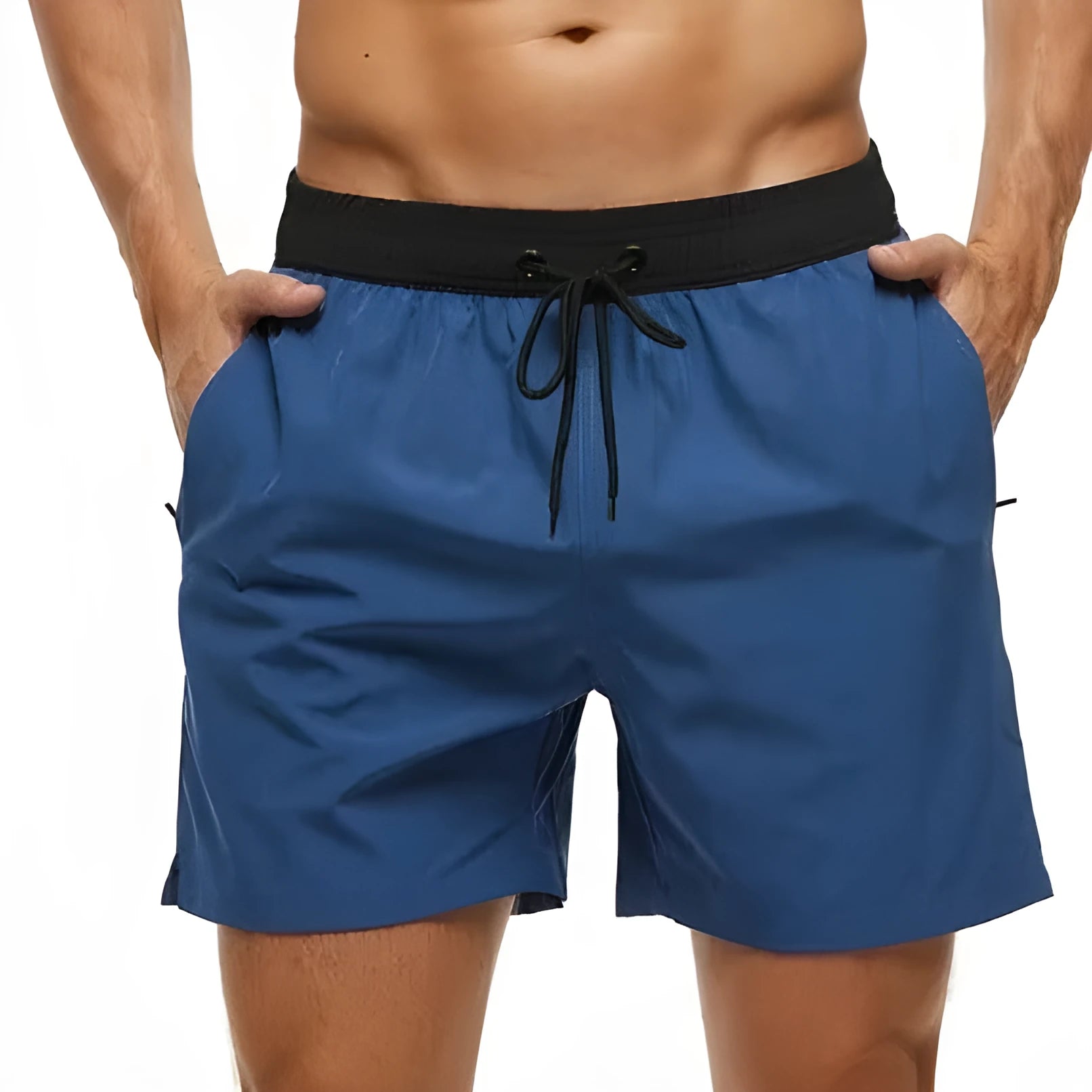 Men's blue stitching waist training shorts with zipper pockets and a drawstring, laid flat.