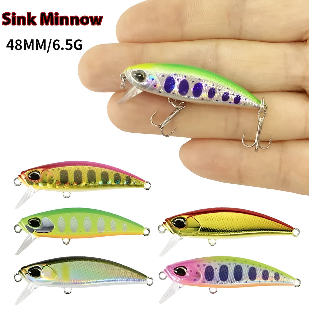 Japanese submerged minnow fishing lure in assorted colours, 48mm long.