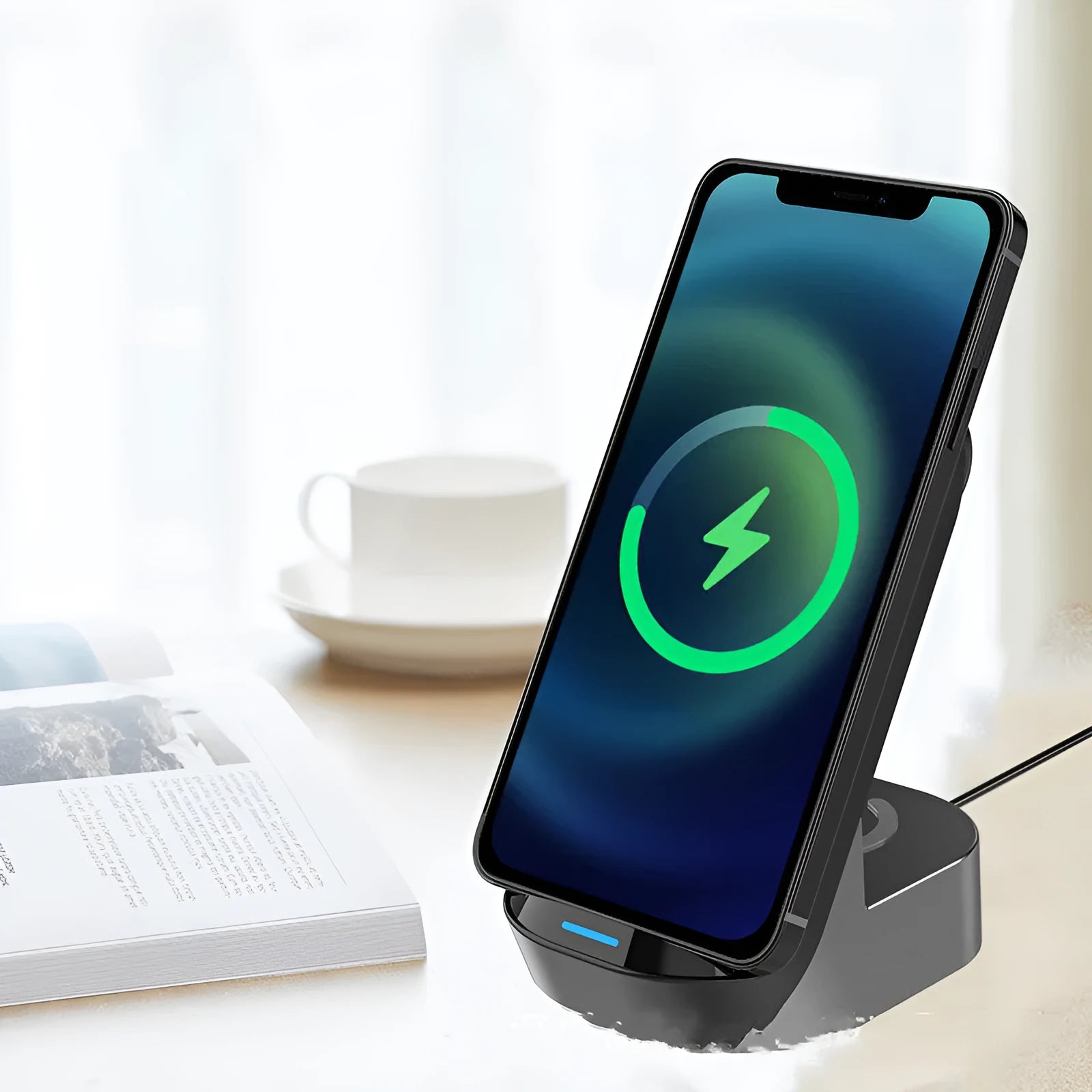 Black grey foldable 3-in-1 wireless charging stand showing phone upright, watch on dock, and headphones case charging.