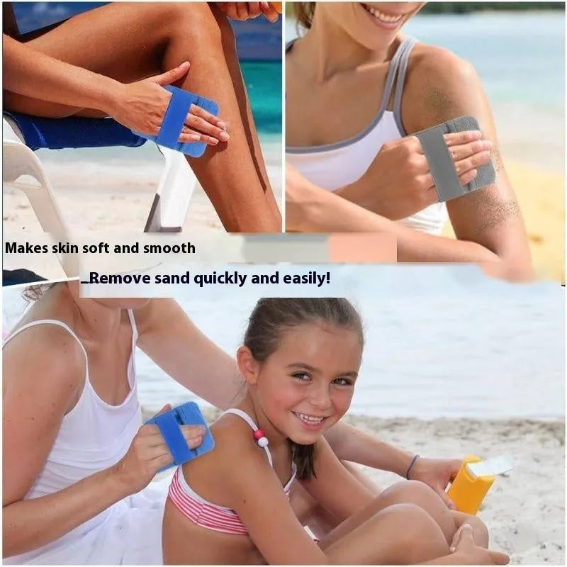 Reusable beach sand remover towel made of coral fleece in blue colour showing size 14x12cm